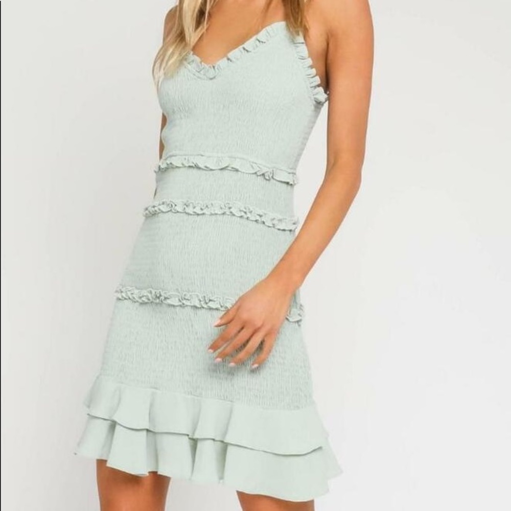 Olivaceous smocked ruffle mini dress